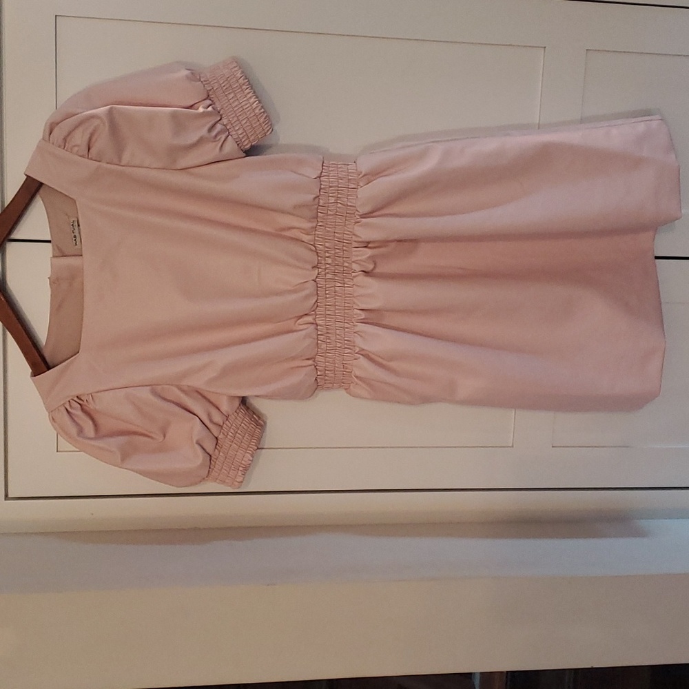 HABITUAL Girl’s Puff Sleeve Faux Leather Smocking Dress in Pink Sz. 14-
